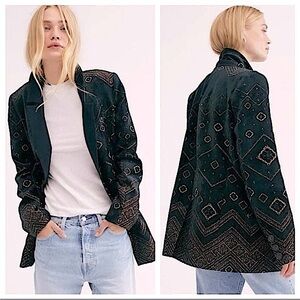 Free People Crushed Velvet Double Breasted Geometric Embroidered Blazer - NWT!